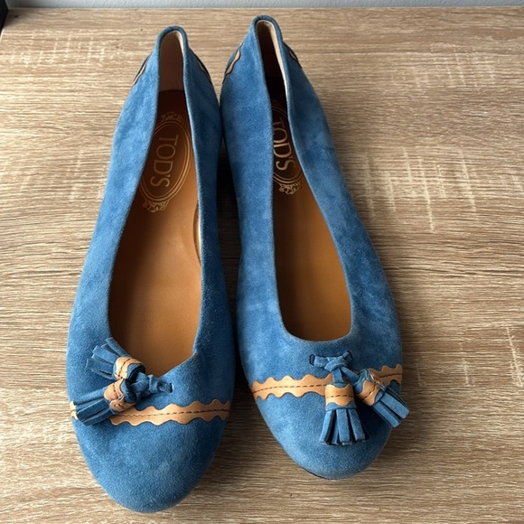 Tod's Blue/tan Leather Tassel Ballet Flats Size 38.5 - Picture 10 of 10